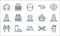 flat rescue and protective line icons. linear set. quality vector line set such as , helmet, road block, no entry, boot, cone,