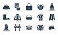 Flat rescue and protective line icons. linear set. quality vector line set such as helmet, safety goggles, cone, safety mask, road