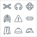 flat rescue and protective line icons. linear set. quality vector line set such as helmet, helmet, warning, medical mask, warning