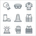 Flat rescue and protective line icons. linear set. quality vector line set such as life jacket, glove, siren, vest, cone, boot,