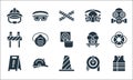 Flat rescue and protective line icons. linear set. quality vector line set such as vest, cone, warning, fire hose, helmet, road