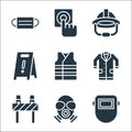 Flat rescue and protective line icons. linear set. quality vector line set such as welding mask, gas mask, road block, lab coat, Royalty Free Stock Photo