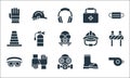 Flat rescue and protective line icons. linear set. quality vector line set such as whistle, gas mask, safety goggles, boot, gloves