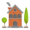 Flat residential brick house with tree vector building