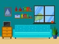 Flat retro living room with sofa, window and bookcase. vector illustration for web site, presentation, infographic.