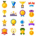 Flat rewards vector icons. Gold cups, medals and crowns pictograms Royalty Free Stock Photo