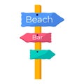 Flat road sign to summer beach and bar. Concept of summer sports and leisure outdoor activities, walking. Flat vector Royalty Free Stock Photo