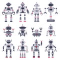 Flat robots. Electronic robot toys, cute chat bot mascot and robotic toy characters vector illustration set