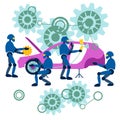 Flat Robots repair the car. Car assembly is automated in minimalist style. Cartoon