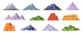 Flat rock mountains relief. Snowy cliff, mountain and hill. Isolated rocky peak, cartoon canyon silhouette. Racy vector