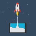 Flat rocket from tablet. Start up concept Royalty Free Stock Photo