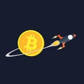 Flat  rocket with trail on blue background over bitcoin Royalty Free Stock Photo