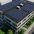 Flat-roofed modern building covered with a large array of blue solar panels. The