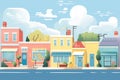 flat roofs on row of freshly painted colorful houses, magazine style illustration