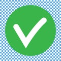 Flat round check mark green icon, button. Tick symbol isolated on transparent background.