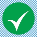 Flat round check mark green icon, button. Tick symbol isolated on transparent background.