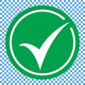 Flat round check mark green icon, button. Tick symbol isolated on transparent background.