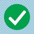 Flat round check mark green icon, button. Tick symbol isolated on transparent background.
