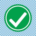 Flat round check mark green icon, button. Tick symbol isolated on transparent background.