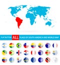 Flat Round Flags Of South America Complete Set and World Map Royalty Free Stock Photo