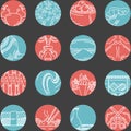 Flat round line icons for seafood