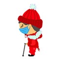 Flat sad old blind man in medical mask stands in winter clothes with fur. A guy in a knitted red hat with a pompom. Royalty Free Stock Photo