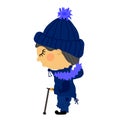 Flat sad old blind man stands in winter clothes with fur. A guy in a knitted blue hat with a pompom, in a blue ski suit Royalty Free Stock Photo