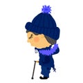 Flat sad old blind man stands in winter clothes with fur. A guy in a knitted blue hat with a pompom, in a blue ski suit. Royalty Free Stock Photo