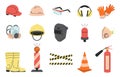 Flat safety equipment. Security and work warning symbols. Personal protection, helmet and gloves, eyeglasses, road cone