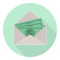 Flat salary icon in envelope, dollars, shadow