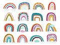 Flat scandinavian rainbows. Color shapes, different rainbow abstract symbol. Nursery baby boho decorations, unusual