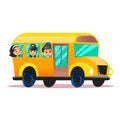 Flat school bus. School kids riding a schoolbus. Back to school flat concept. Happy schoolchildren are watching from