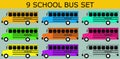 Flat school buses sides view on background