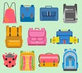 Flat school vector backpack kids boys and girls backpack school rucksack set illustration isolated. School supplies Royalty Free Stock Photo