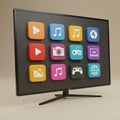 A flat-screen monitor displaying an array of colorful, three-dimensional app icons. Royalty Free Stock Photo