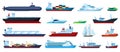 Flat sea boats. Cruise, cargo ship, yacht, sailboat, tugboat, motorboat, submarine, fishing boat. Ocean travel Royalty Free Stock Photo