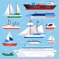 Flat sea ships. Marine shipping sailing boat, ocean cruise liner and icebreaker ship vector set