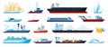 Flat sea transports. Speed boats, yachts, cruise, fishing ships, submarine. Cargo ship with shipping containers Royalty Free Stock Photo