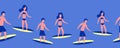 Flat seamless blue pattern of Surfers, vector illustration.