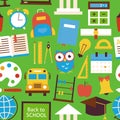 Flat Seamless Pattern Back to School Objects over Green