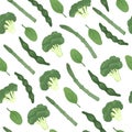 Flat seamless pattern with broccoli, green beans, asparagus, peas, spinach. Healthy food, vegetarianism