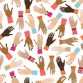 Flat seamless pattern with girl hands. Feminist background. Women`s right. Racial diversity