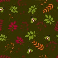 Flat . Seamless pattern: leaves, berries, insects, us green background