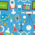 Flat Seamless Pattern Science and Education Objects over Blue