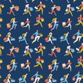 Flat seamless pattern of trendy running girls and boys carrying shopping bags. Black groday sake concept for banner decor. Man and