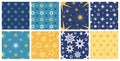 Flat seamless patterns with colorful stars for nursery wallpaper. Starry night sky texture. Blue cartoon galaxy with