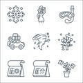 Flat season line icons. linear set. quality vector line set such as flower, rainy day, summer, winter tree, storm, travel, scuba