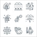 flat season line icons. linear set. quality vector line set such as raincoat, santa claus, snowflake, umbrella, summer, winter