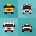 Flat service cars set. Police, ambulance, fire truck, school bus