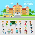 Flat set of bus, school, students, nerd wonk Royalty Free Stock Photo